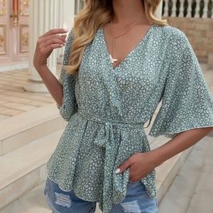 Shein mint green sage blouse, flowy top, tie waist, bohemian feel